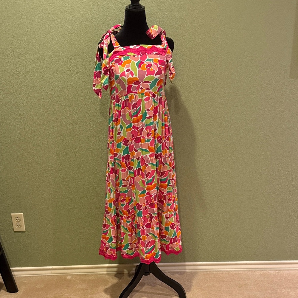 Umgee Pink and Green Floral Midi Dress